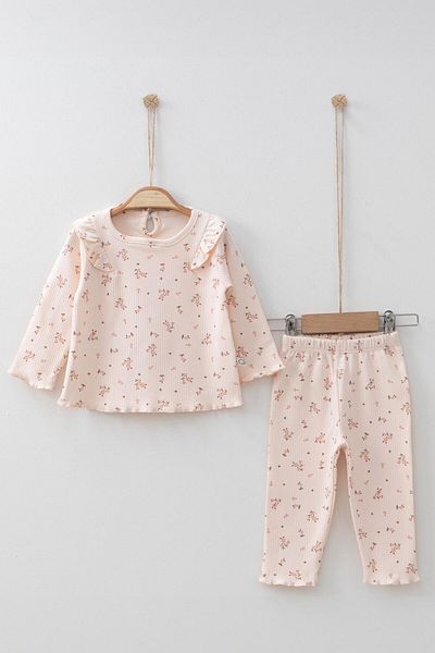 Mini Ropa Pink Floral Patterned Cotton Baby Girl Set - Frilly Bottom and Top Set