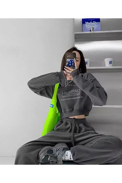NoVibe Unisex Plus Size Letter Printed Crew Neck Crop Sweatshirt Tracksuit Set