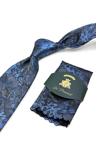 Kravatkolik Gray - Blue Leaf Pattern Classic Tie with Handkerchief Kk13042
