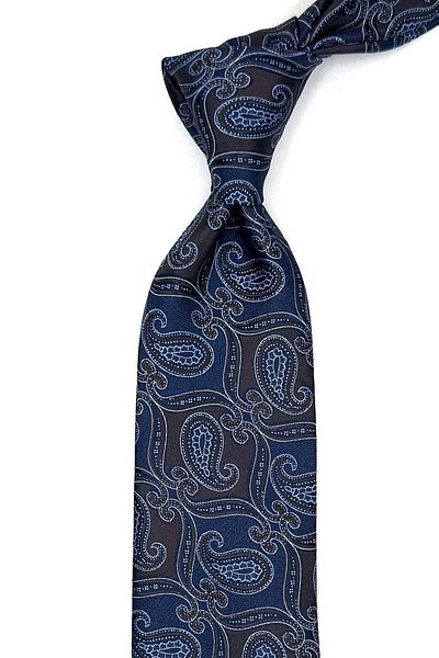 Kravatkolik Brown - Navy Blue Shawl Pattern Classic Tie with Handkerchief Kk12887