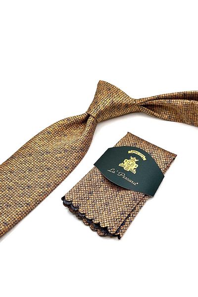 Kravatkolik Classic Tie with Yellow Square Pattern Handkerchief Kk13063