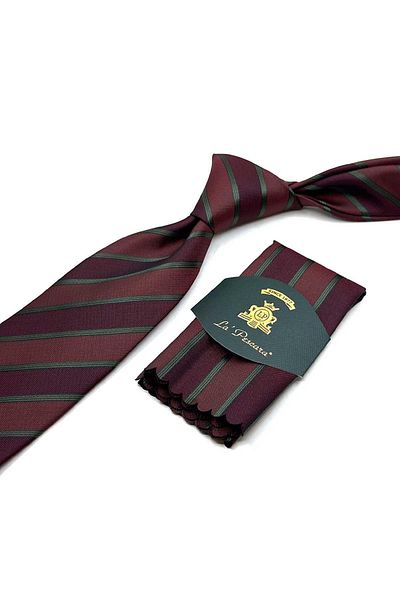 Kravatkolik Classic Tie with Claret Red Line Pattern Handkerchief Kk12882