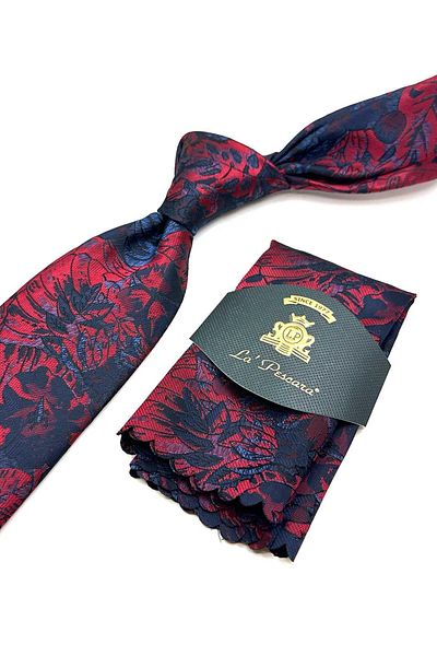Kravatkolik Navy Blue - Red Leaf Pattern Classic Tie with Handkerchief Kk13041