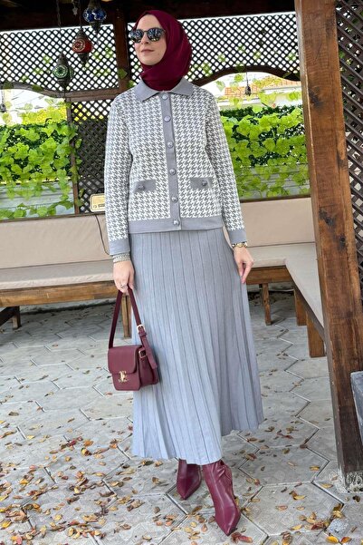 Rabia Şamlı Gray Knitwear Houndstooth and Cardigan Set
