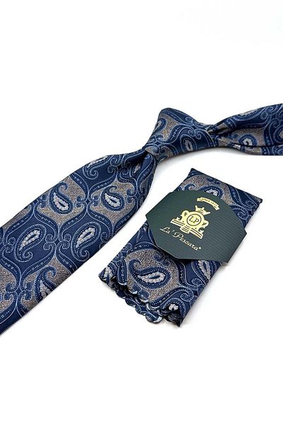 Kravatkolik Beige - Navy Blue Shawl Pattern Classic Tie with Handkerchief Kk12889