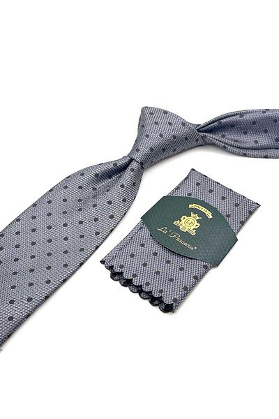 Kravatkolik Gray - Beige Polka Dot Pattern Classic Tie with Handkerchief Kk12998