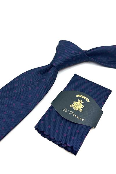 Kravatkolik Navy Blue Polka Dot Pattern Classic Tie with Handkerchief Kk13002