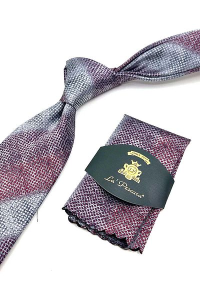 Kravatkolik Claret Red - Gray Line Pattern Classic Tie with Handkerchief Kk13071