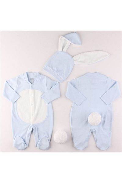 Mini Ropa Blue Color Baby Rabbit Pompom Rabbit Eared Jumpsuit Baby Gift Baby Photo Shoot Product