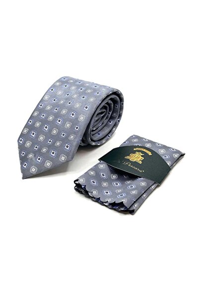 Kravatkolik Κλασική γκραβάτα με μοτίβο γκρι με μαντήλι KK13093