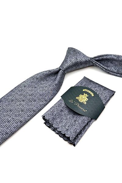 Kravatkolik Classic Tie with Square Pattern Handkerchief in Gray Kk13066