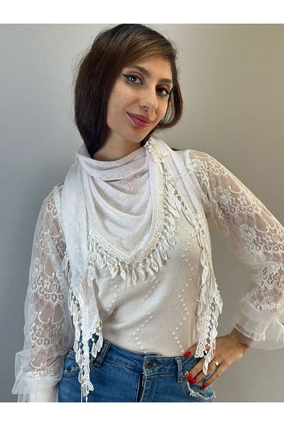 Gönülden Tasarım Women's Scarf Shals with Strick Tassel 150X50 cm White