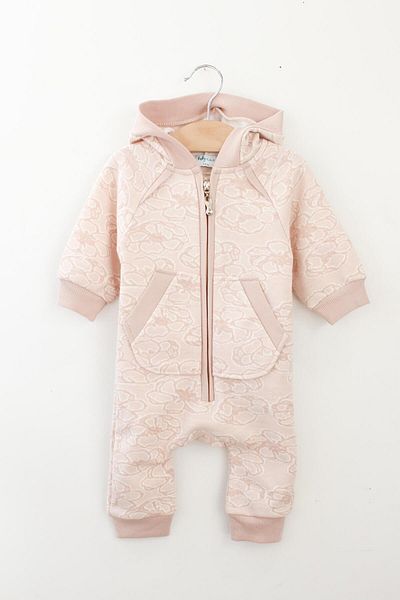 Mini Ropa Self Patterned Beige Baby Girl Romper with Hooded Pockets