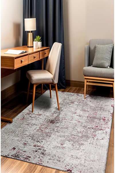 BigArts Home Beyaz Gri Kırmızı Eskitme Modern Kaymaz Taban Halı Yolluk Yuvarl...