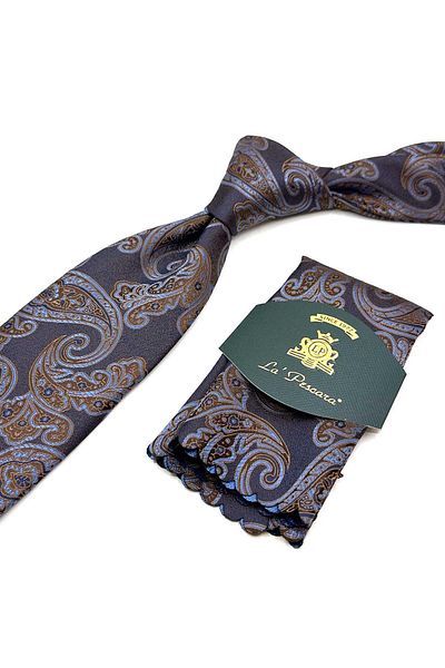 Kravatkolik Brown - Blue Shawl Pattern Classic Tie with Handkerchief Kk13052
