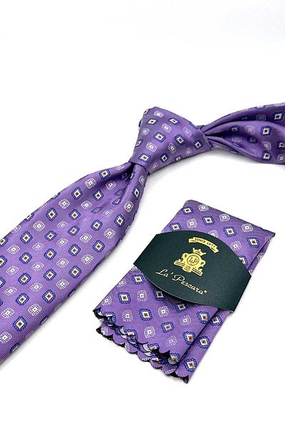 Kravatkolik Classic Tie with Purple Motif Pattern Handkerchief Kk13092