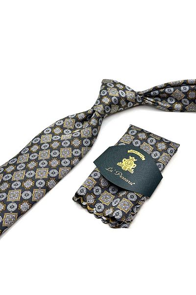Kravatkolik Classic Tie with Gray Motif Pattern Handkerchief Kk12971