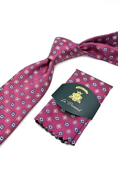 Kravatkolik Classic Tie with Red Motif Pattern Handkerchief Kk13091