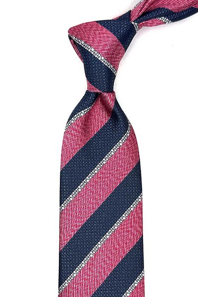 Kravatkolik Fuchsia - Navy Blue Line Pattern Classic Tie with Handkerchief Kk13104
