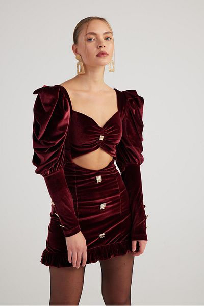 HOLLY LOLLY Rochie Bordeaux Mini Raquel - Maneca Pepene Verde si Tesatura De Catifea