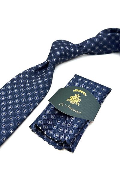 Kravatkolik Navy Blue Small Pattern Handkerchief Classic Tie Kk13027