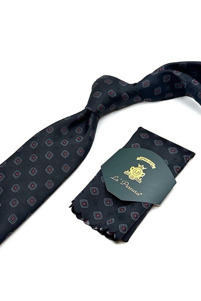 Kravatkolik Classic Tie with Black Motif Pattern Handkerchief Kk13088