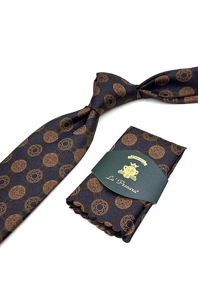 Kravatkolik Classic Tie with Brown Motif Pattern Handkerchief Kk12992