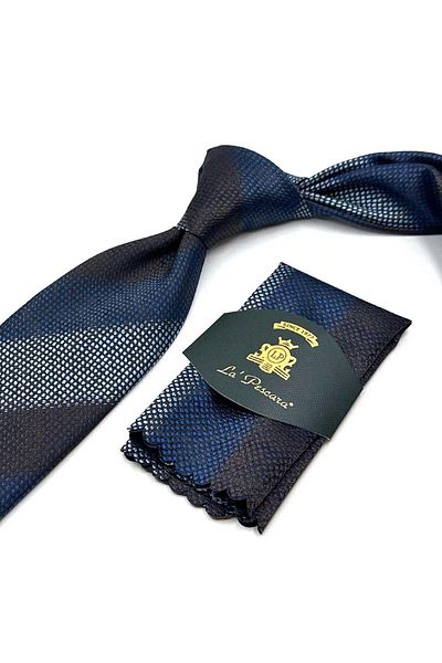 Kravatkolik Brown - Blue Line Pattern Classic Tie with Handkerchief Kk13067