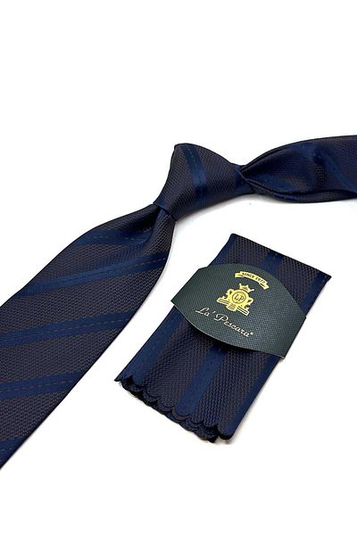 Kravatkolik Brown - Navy Blue Classic Tie with Self Pattern Handkerchief Kk13076