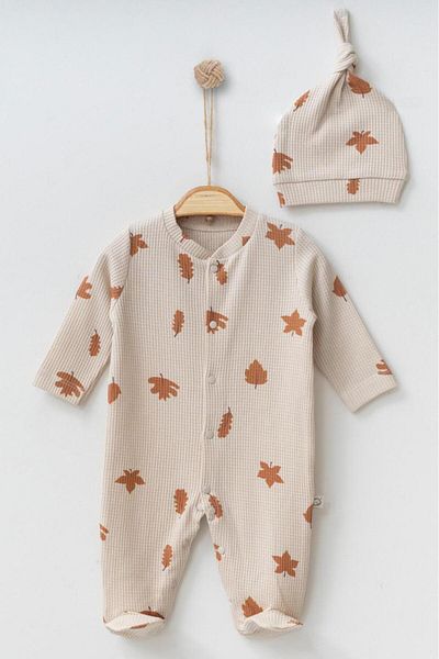 Mini Ropa Beige Baby Rompers - Waffle Leaf Patterned with Snap Fasteners and Booties