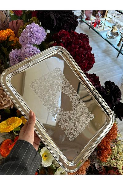 LAMEDORE Engrave Border Silver Rectangular Big Tray