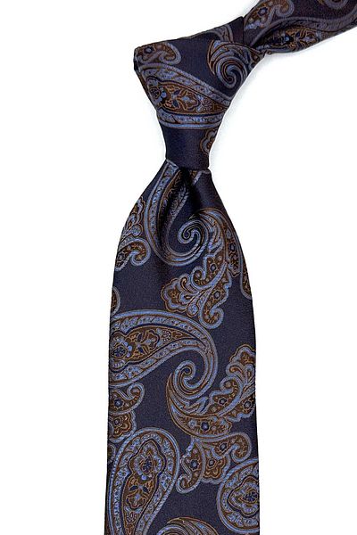 Kravatkolik Brown - Blue Shawl Pattern Classic Tie with Handkerchief Kk13052