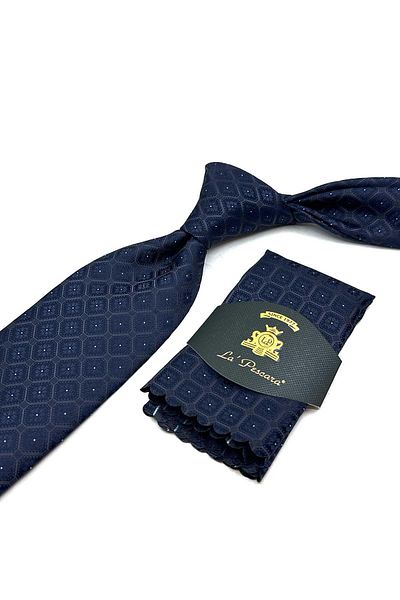 Kravatkolik Classic Tie with Navy Blue Motif Pattern Handkerchief Kk12853