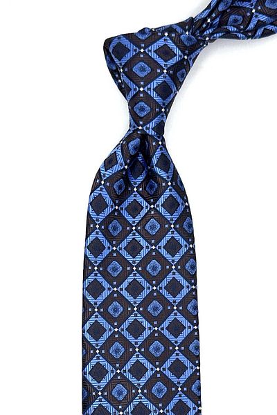 Kravatkolik Blue - Brown Square Pattern Classic Tie with Handkerchief Kk12868