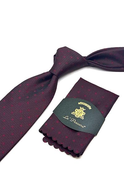 Kravatkolik Claret Red Polka Dot Pattern Classic Tie with Handkerchief Kk13004