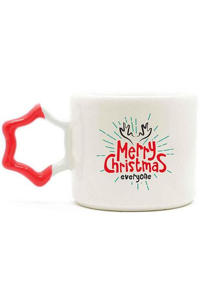 PALTO TASARIM Merry Christmas Everyone 23 Cream Shiny Star Handle Mug (Red Handle)