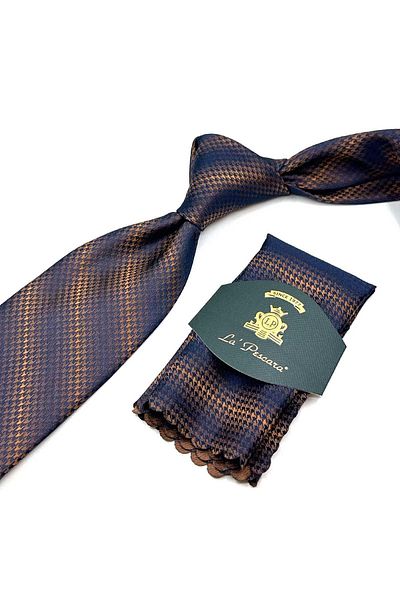 Kravatkolik Orange - Navy Blue Classic Tie with Goose Feet Handkerchief Kk13017