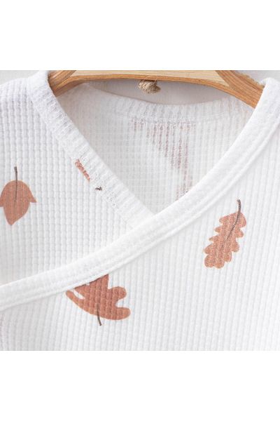 Mini Ropa Ecru Color Leaf Printed Double Breasted Bodysuit Set