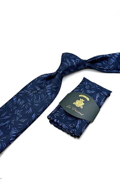 Kravatkolik Classic Tie with Navy Blue Motif Pattern Handkerchief Kk12923