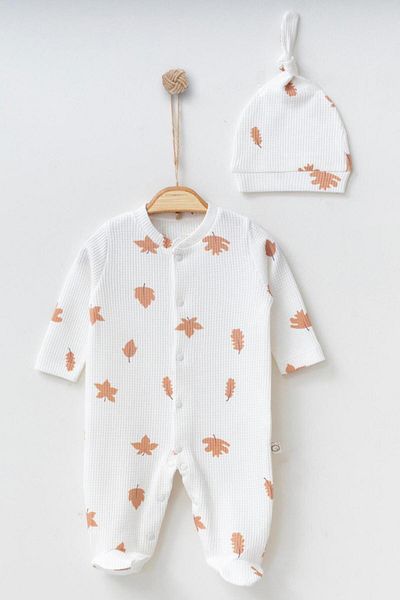 Mini Ropa Ecru Baby Rompers - Waffle Leaf Patterned with Snap Fasteners and Booties