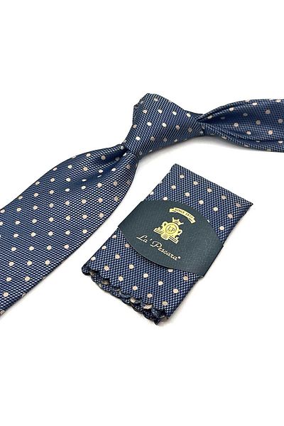 Kravatkolik Gray - Navy Blue Polka Dot Pattern Classic Tie with Handkerchief Kk13003