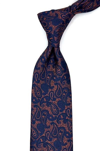 Kravatkolik Orange - Navy Blue Shawl Pattern Classic Tie with Handkerchief Kk12872