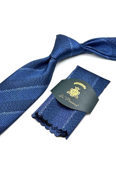 Kravatkolik Classic Tie with Navy Blue Line Pattern Handkerchief Kk13102
