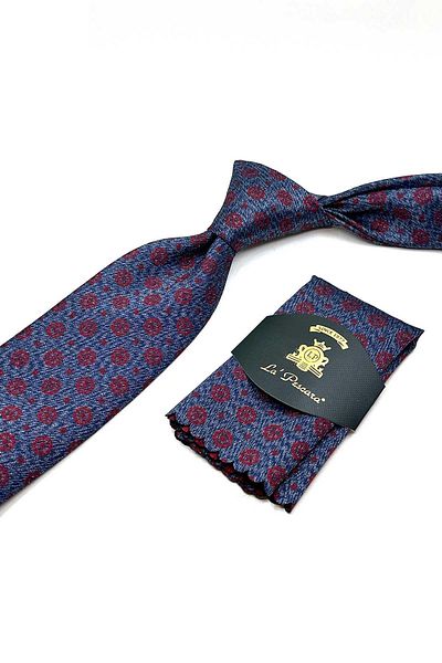 Kravatkolik Classic Tie with Blue Motif Pattern Handkerchief Kk12910