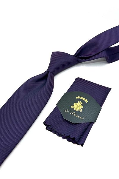 Kravatkolik Classic Tie with Plum Line Pattern Handkerchief Kk13082