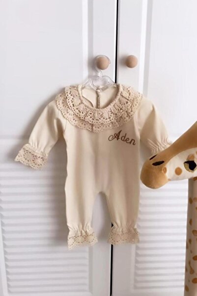 Mini Ropa İsimli Hastane Çıkışı Güpürlü Tulum Seti Organik İsme Özel Dantelli...