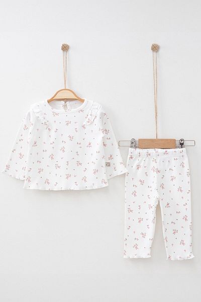 Mini Ropa طقم بناتي منقوش عليه زهور إكرو - طقم علوي وسفلي من القطن مكشكش
