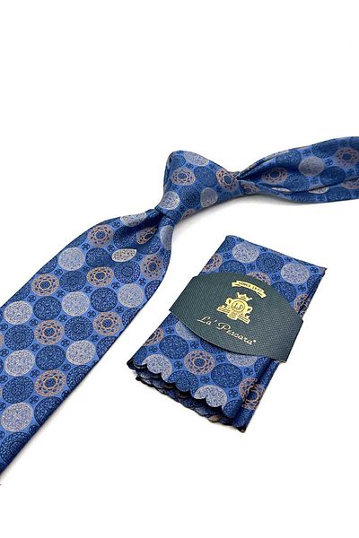 Kravatkolik Classic Tie with Blue Polka Dot Pattern Handkerchief Kk12997