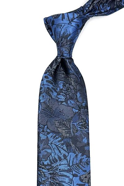 Kravatkolik Gray - Blue Leaf Pattern Classic Tie with Handkerchief Kk13042