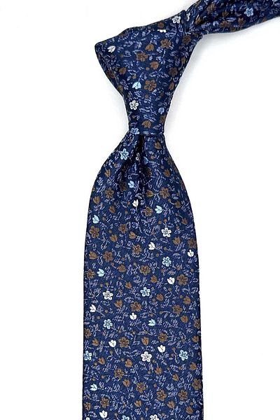 Kravatkolik Classic Tie with Blue Flower Pattern Handkerchief Kk12975